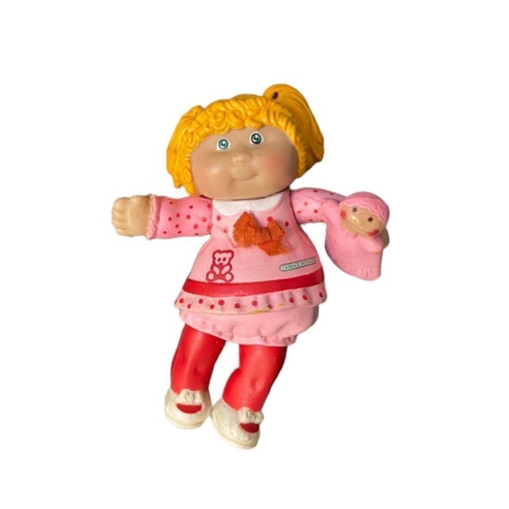 VINTAGE 1980s Cabbage Patch Kids Posable Figure Doll Blonde Girl Pink with Baby